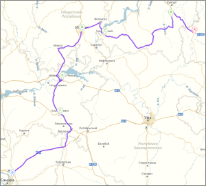 карта с маршрутом Пермская трасса - Орда - Чайковский - Ижевск - Набережные Челны - Алметьевск - Самара