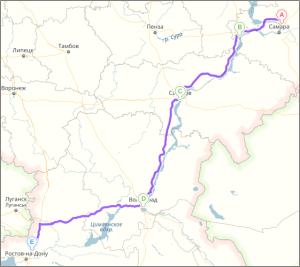 карта с маршрутом Самара - Сызрань - Саратов - Волгоград  - Ростов