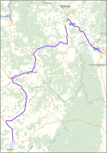 карта с маршрутом Пермская трасса - Орда - Бирск